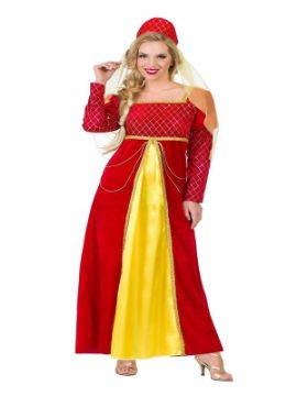 disfraz de reina medieval roja y dorada mujer